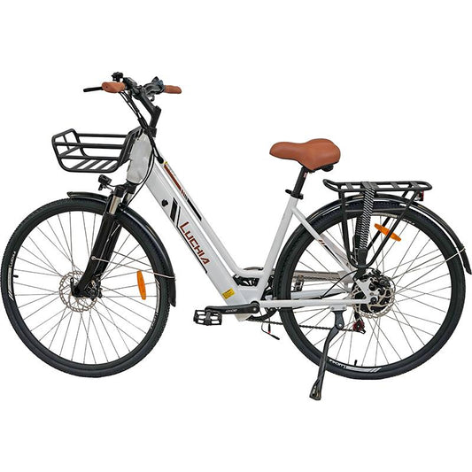 Bicicleta eléctrica urbana Antares blanca 700C con marco de aluminio y frenos de disco