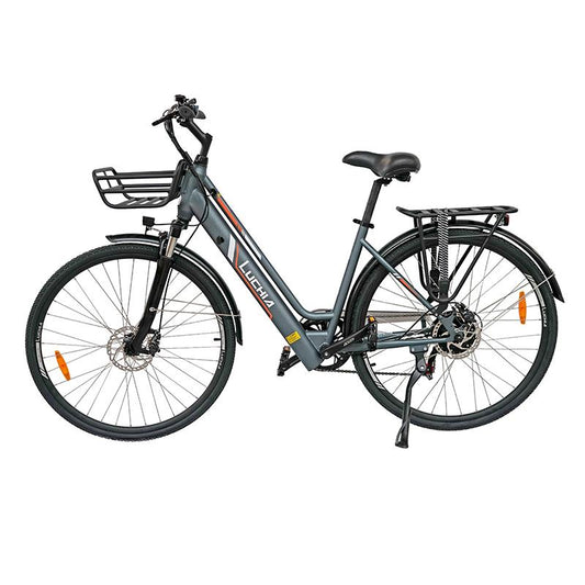 Bicicleta eléctrica urbana Antares gris 700C con marco de aluminio y frenos de disco