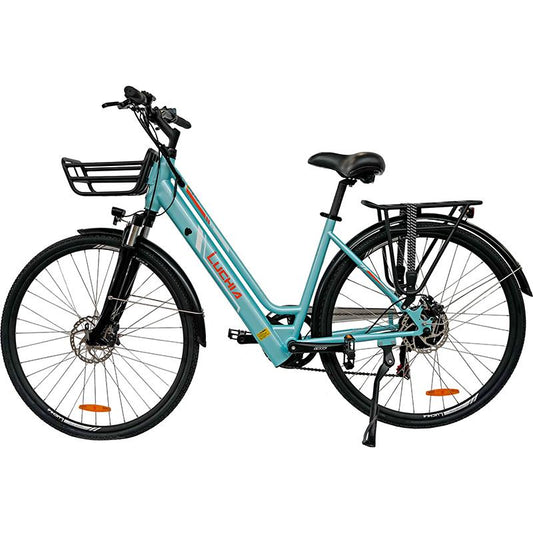 Bicicleta eléctrica urbana Antares azul 700C con marco de aluminio y frenos de disco